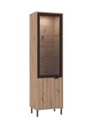 Vitrine porte vitrée 1 battant | 2 étagères en verre | 5 casiers | Chêne Artisan & Noir | Poignées métal | 195 x 55 x 40 cm