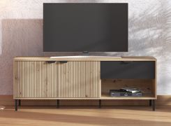 Petit meuble TV / Meuble TV avec un tiroir Zvesdara 03, 1,5 mètres de large, Couleur : Chêne Artisan / Noir, un passage de câbles, deux portes