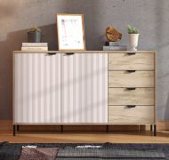 Commode 4 tiroirs Zitiste 04 | Espace de rangement | Chêne gris & cachemire | 92,5 x 157 x 40 cm | Design moderne