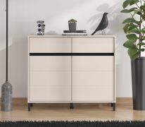 Commode / 2 portes battantes / Couleur : Cachemire / 4 compartiments / Dimensions : 106 x 40 x 90 cm / Chants ABS / Design moderne / Pieds : Noir / 2 tiroirs