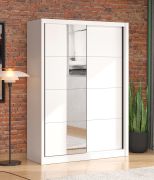 Armoire à portes coulissantes / Penderie / 1 porte miroir / Couleur : Blanc opaque / 2 tringles à vêtements / 5 compartiments / Dimensions : 155 x 60 x 215,5 cm / Chants ABS