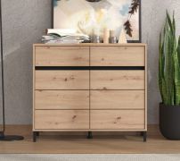 Commode / 2 portes battantes / Couleur : Chêne Artisan / 4 compartiments / Dimensions : 106 x 40 x 90 cm / Chants ABS / Design moderne / Pieds : Noir / 2 tiroirs