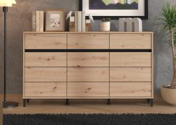 Commode / 3 portes battantes / 1,5 m de large / Couleur : Chêne Artisan / 3 tiroirs / Dimensions : 157 x 40 x 90 cm / Buffet / Bords ABS / 6 compartiments / Pieds : Noir
