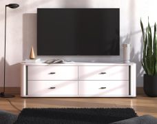 Meuble bas TV / 4 tiroirs / Couleur : Blanc opaque / Eclairage LED inclus / Meuble TV / Dimensions : 176,5 x 40 x 52 cm / Poignées : Noir / Chants ABS