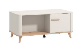 Table basse / Claire / Couleur : Cachemire / 2 portes battantes / Poignées & Pieds : Chêne artisan / 3 compartiments / Dimensions : 101 x 54,5 x 46 cm / Chants ABS / Design élégant