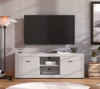 Meuble bas TV / 2 portes battantes / Couleur : Cachemire / 4 compartiments / 2 passe-câbles / Chants ABS / Dimensions : 147,5 x 41 x 53,5 cm / Poignées & Pieds : Métal