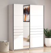Armoire à portes coulissantes / Couleur : Blanc opaque / 1 porte à miroir / 2 tringles à vêtements / Penderie / Chants ABS / Dimensions : 145,5 x 60 x 217,5 cm / 2 compartiments