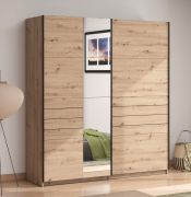 Armoire à portes coulissantes / Couleur : Chêne Artisan / 1 porte miroir / Dimensions : 195 x 61 x 217,5 cm / 2 tringles à vêtements / Penderie / 2 compartiments / Chants ABS