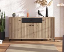 Commode / Trois portes battantes / 1 tiroir / Couleur : Chêne Artisan / Noir / 6 compartiments / Dimensions : 170 x 40 x 90 cm / Buffet / ABS protection des bords