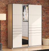 Armoire à portes coulissantes / Couleur : Cachemire / 1 porte miroir / Dimensions : 145,5 x 60 x 217,5 cm / 2 tringles à vêtements / 2 compartiments / Penderie / Chants ABS