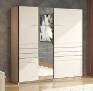 Armoire / Couleur : Cachemire / Large / 1 porte miroir / Armoire à portes coulissantes / Dimensions : 220 x 61 x 217,5 cm / Chants ABS / 2 tringles à vêtements / 2 compartiments