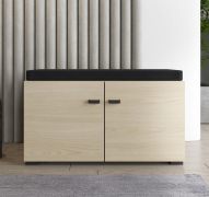 Banc avec espace de rangement / 2 portes battantes / Couleur : Chêne light Port / Coussin d'assise rembourré / 2 compartiments / Dimensions : 77 x 35 x 40,5 cm / Pieds & Poignées : Noir