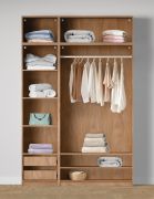 Armoire ouverte / 2 tringles à vêtements / Couleur : Chêne Puccini / 8 compartiments / 2 tiroirs intérieurs / Dimensions : 154 x 55 x 234 cm / 5 étagères en bois / Pour dressing-room