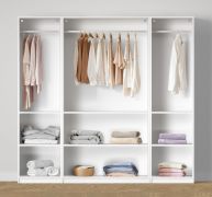 Armoire ouverte / Large / 3 tringles à vêtements / Couleur : Blanc / 4 compartiments / Dimensions : 206 x 55 x 196 cm / Design simple / 6 étagères en bois / Pour chambre à coucher