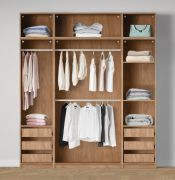 Armoire ouverte / Large / 3 tringles à vêtements / Couleur : Chêne Puccini / 3 tiroirs intérieurs / 4 compartiments / Dimensions : 206 x 55 x 234 cm / 2 étagères en bois