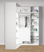 Armoire d'angle ouverte / 2 paniers à linge / Couleur : Blanc / 1 tringle à vêtements / 7 étagères en bois / Dimensions : 108,5 x 55 x 234 cm / 11 compartiments / Design universel