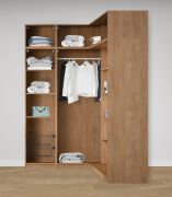 Armoire d'angle ouverte / 11 compartiments / Couleur : Chêne Puccini / 1 tringle à vêtements / 7 étagères en bois / Dimensions : 108,5 x 55 x 234 cm / 2 paniers à linge / Design universel