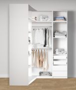Armoire d'angle ouverte / 4 tiroirs / 10 compartiments / Couleur : Blanc / 2 tringles à vêtements / 5 étagères en bois / Dimensions : 108,5 x 55 x 234 cm / Pour chambre à coucher