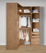 Armoire d'angle ouverte / 4 tiroirs / 10 compartiments / Couleur : Chêne Puccini / 2 tringles à vêtements / 5 étagères en bois / Dimensions : 108,5 x 55 x 234 cm / Pour chambre à coucher