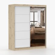 Armoire penderie coulissante 160 cm | Galtee 05 | Blanc / Bois naturel | Miroir | 6 compartiments | 2 portes | 195 x 160 x 61 cm | Effet bois