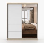 Armoire à portes coulissantes 160 cm | Galtee 07 | Blanc / chêne Sonoma | Miroir | 6 compartiments | 2 portes | 195 x 160 x 61 cm | robuste