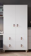 Armoire penderie 2 portes 2 m de haut | Blanc | Taygetos 03 | 201 x 105 x 55 cm | 4 tiroirs | 6 niches | Poignées en cuir