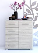 Commode Comarca 04 | 96 x 90 x 45 cm | Chêne Sonoma & Blanc | 1 porte, 4 tiroirs, 3 compartiments | Bicolore, poignées argentées