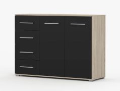 Commode design épuré | Noir & chêne Sonoma | Comarca 20 | 96 x 135 x 45 cm | 2 portes, 4 tiroirs, 3 compartiments | Buffet élégant