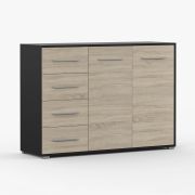 Commode bicolore Comarca 29 | 2 portes, 4 tiroirs, 3 compartiments | 96 x 135 x 45 cm | Chêne & Noir | Design classique