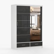 Armoire à portes coulissantes avec miroir | 218 x 150 x 61 cm | Noir / Blanc | Lusatian 03 | 2 portes | 2 tiroirs | 6 compartiments | Bicolore
