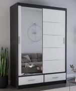 Armoire penderie à portes coulissantes 1,5 m | Lusatian 07 | Blanc / Noir | Miroir | 6 compartiments | 2 tiroirs | 218 x 150 x 61