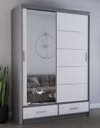 Penderie portes coulissantes avec miroir | Blanc & Gris | Lusatian 06 | 218 x 150 x 61 cm | 2 portes, 2 tiroirs, 6 compartiments