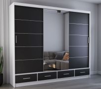 Armoire penderie à portes coulissantes avec miroir | 218 x 250 x 61 cm | Noir/Blanc | Lusatian 37 | 3 portes, 4 tiroirs, 7 étagères