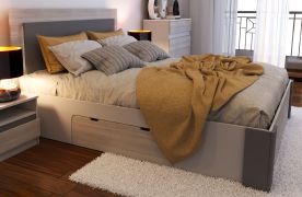 Lit double Jolais 01 | Gris / Blanc | Couchage 160 x 200 cm | 1 tiroir | Plateau résistant aux rayures