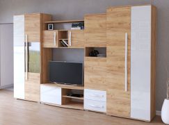 Mur de rangement salon 320 cm | Marron & Blanc brillant | 1 porte | Grand espace | Design angulaire aspect bois