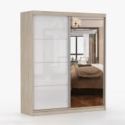 Armoire portes coulissantes 1,8 m | Gorski 02 | Blanc brillant & Chêne Sonoma | Miroir | 6 compartiments | 218 x 183 x 61 cm