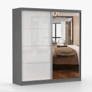 Penderie portes coulissantes avec miroir | Blanc & Gris | Gorski 31 | 218 x 203 x 61 cm | 2 portes | 6 compartiments