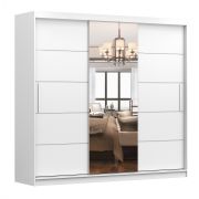 Armoire penderie Gorski 67 | 3 portes coulissantes | miroir central | blanc | poignées métal | 218 x 233 x 61 cm