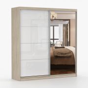 Armoire penderie Gorski 56 à portes coulissantes miroir, blanc/chêne, 218x233x61 cm, 2 portes, 12 compartiments, poignées métal