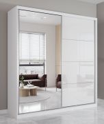 Armoire à portes coulissantes Sredna 01 | Blanc avec miroir | 2 portes | 218 x 203 x 61 cm | 3 compartiments, 3 tiroirs | Style épuré