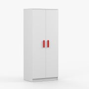 Armoire penderie Smolikas 69 | 192 x 80 x 50 cm | Blanc | 2 portes | 5 étagères | poignées bois rouges
