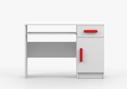 Bureau enfant 110 cm | 3 compartiments | 1 tiroir | Smolikas 93 | poignées bois rouges | blanc | 1 porte | 75 x 110 x 50 cm