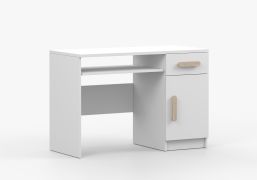 Bureau 110 cm blanc | Poignées bois chêne | 3 compartiments | 1 tiroir | 1 porte | Smolikas 95 | 75 x 110 x 50 cm