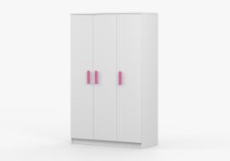 Armoire penderie Smolikas 117 blanche | 120 cm large | 3 portes | 9 compartiments | 192 x 120 x 50 cm | Poignées bois roses