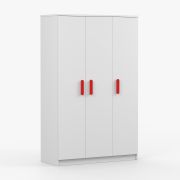 Armoire penderie Smolikas 120 | 3 portes | 1,2 m de large | Blanc | 9 compartiments | 192 x 120 x 50 cm | Poignées bois rouges