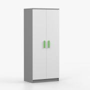 Armoire penderie Smolikas 60 | 2 portes battantes | Blanc / Gris | 192 x 80 x 50 cm | Poignées vertes | 5 étagères | 1 tringle
