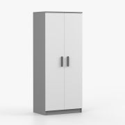 Armoire penderie Smolikas 64 | 192 x 80 x 50 cm | Blanc & Gris | 2 portes | 1 tringle | 5 étagères | Poignées bois grises