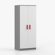 Armoire penderie Smolikas 61 | 2 portes battantes | Blanc / Gris | 192 x 80 x 50 cm | poignées bois rouges | 5 étagères
