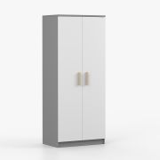 Armoire penderie Smolikas 63 | Blanc / Gris | 2 portes | 192 x 80 x 50 cm | Poignées bois marron