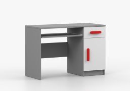 Bureau enfant Smolikas 85 | 110 cm large | Blanc / Gris | Poignées bois rouges | 1 porte, 1 tiroir, 3 niches | 75 x 110 x 50 cm